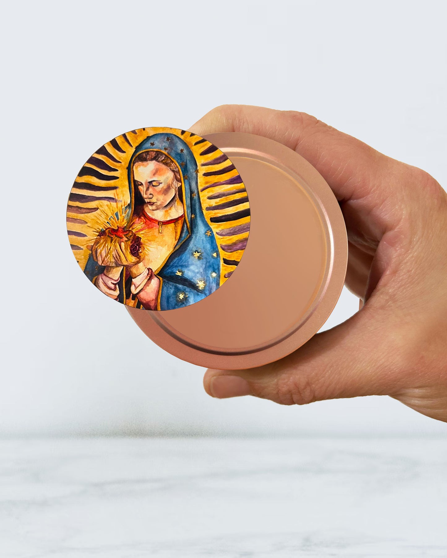 Our Lady of Guadalupe Candle Tin (Spanish Rose Scented, Gold)