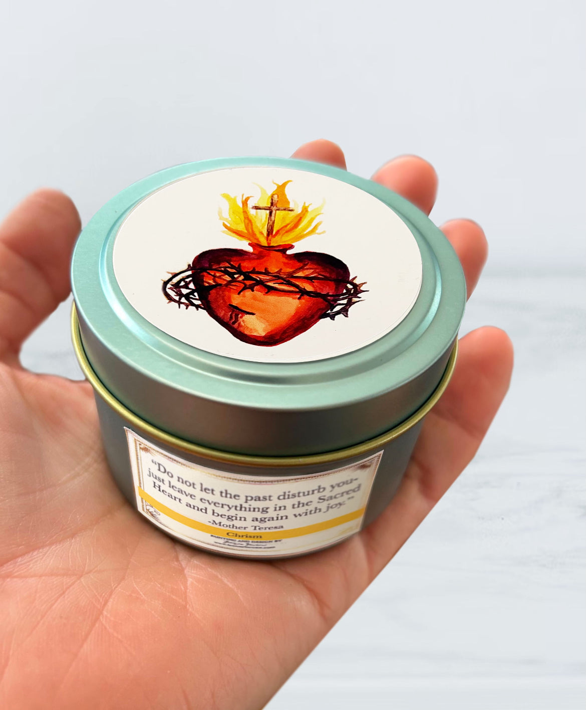 Sacred Heart Candle Tin (Chrism, Light Blue)