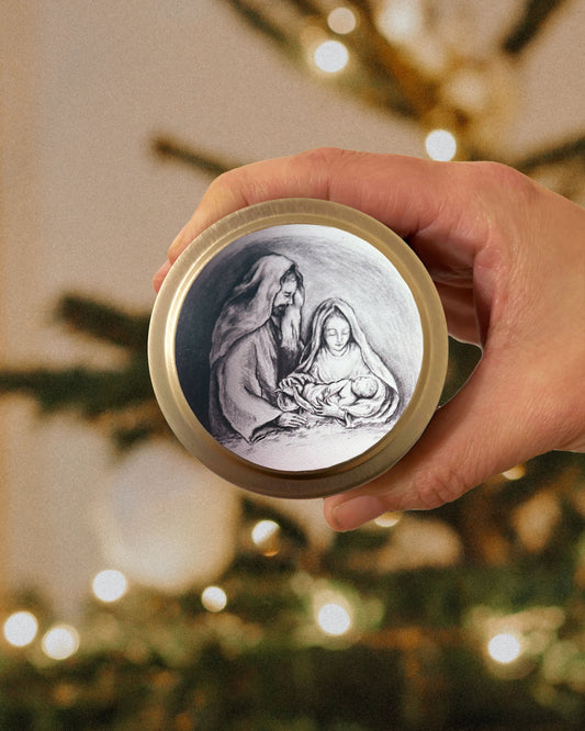 Holy Family Candle Gold Tin (Cranberry Orange Spice)