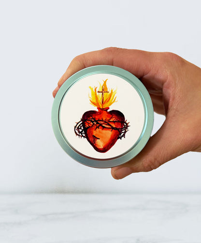 Sacred Heart Candle Tin (Chrism, Light Blue)