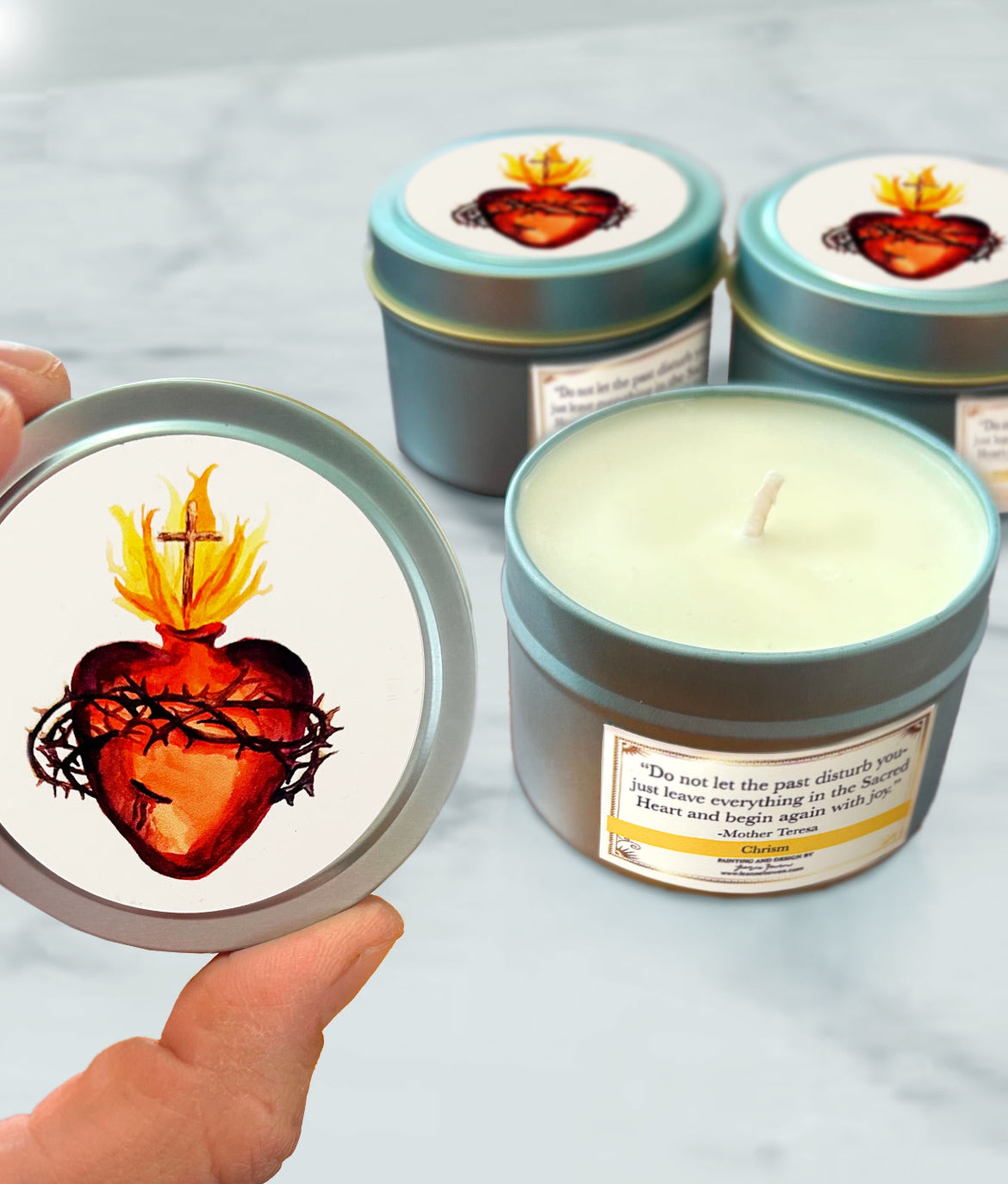 Sacred Heart Candle Tin (Chrism, Light Blue)
