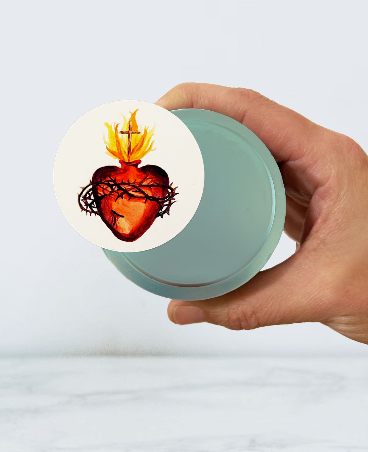 Sacred Heart Candle Tin (Chrism, Light Blue)