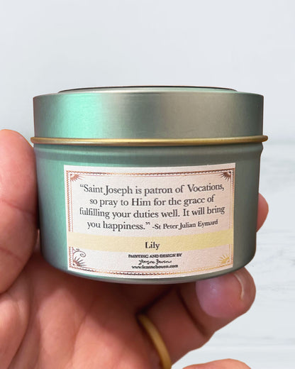 Most Chaste Heart of Joseph Candle Tin (Lily Scented, Light Blue)