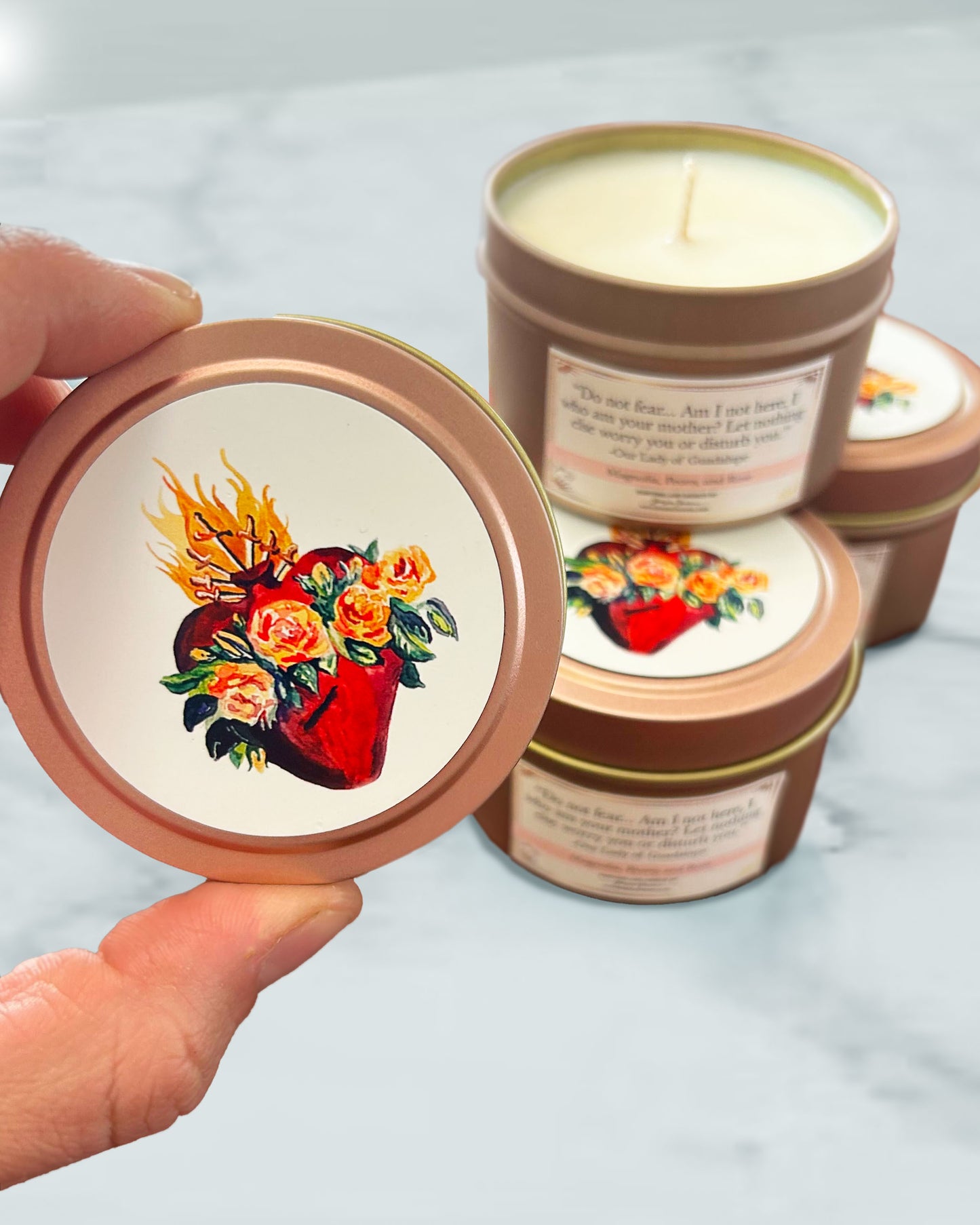 Immaculate Heart Candle Tin (Magnolia, Peony, & Rose Scented, Rose Gold)