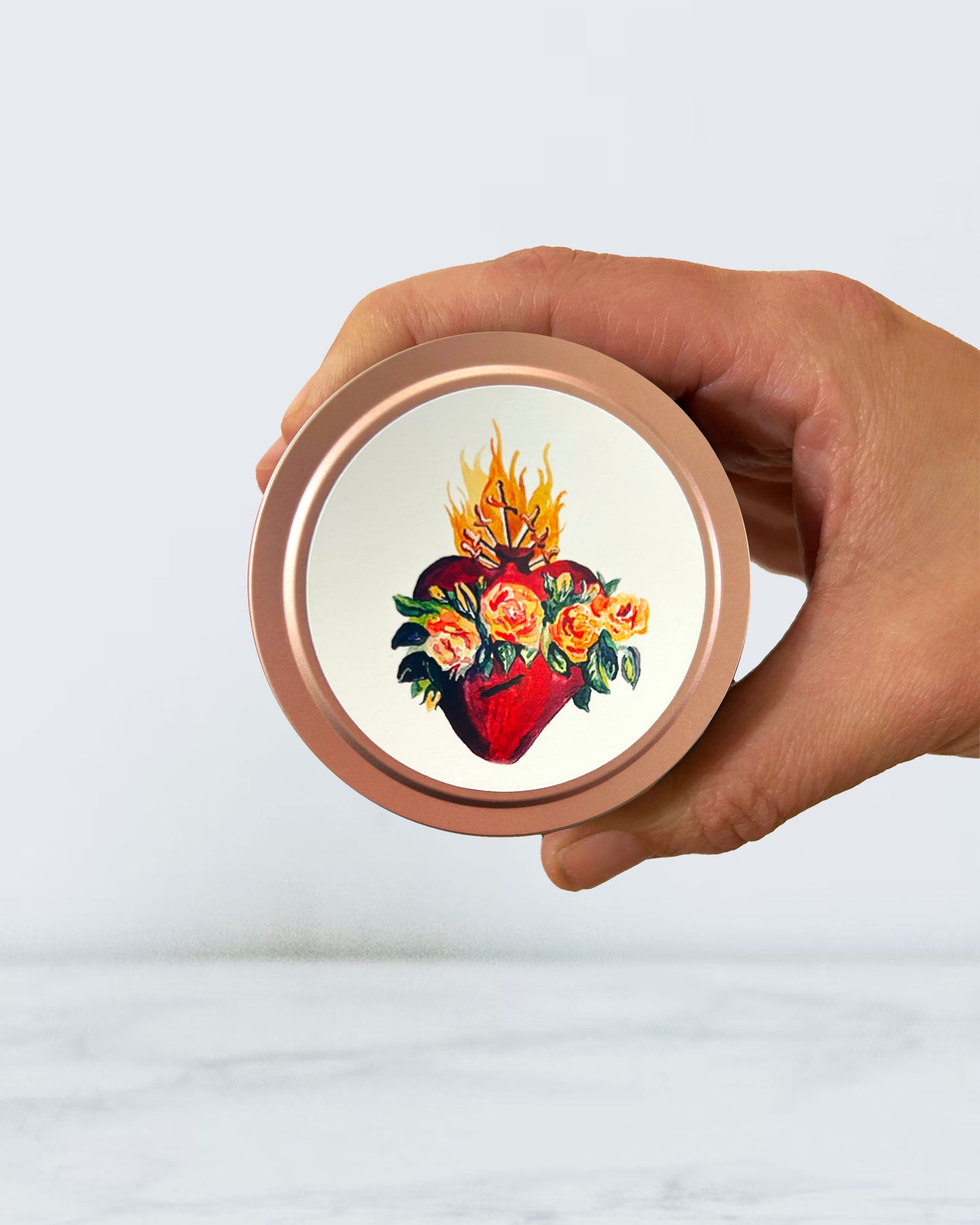 Immaculate Heart Candle Tin (Magnolia, Peony, & Rose Scented, Rose Gold)