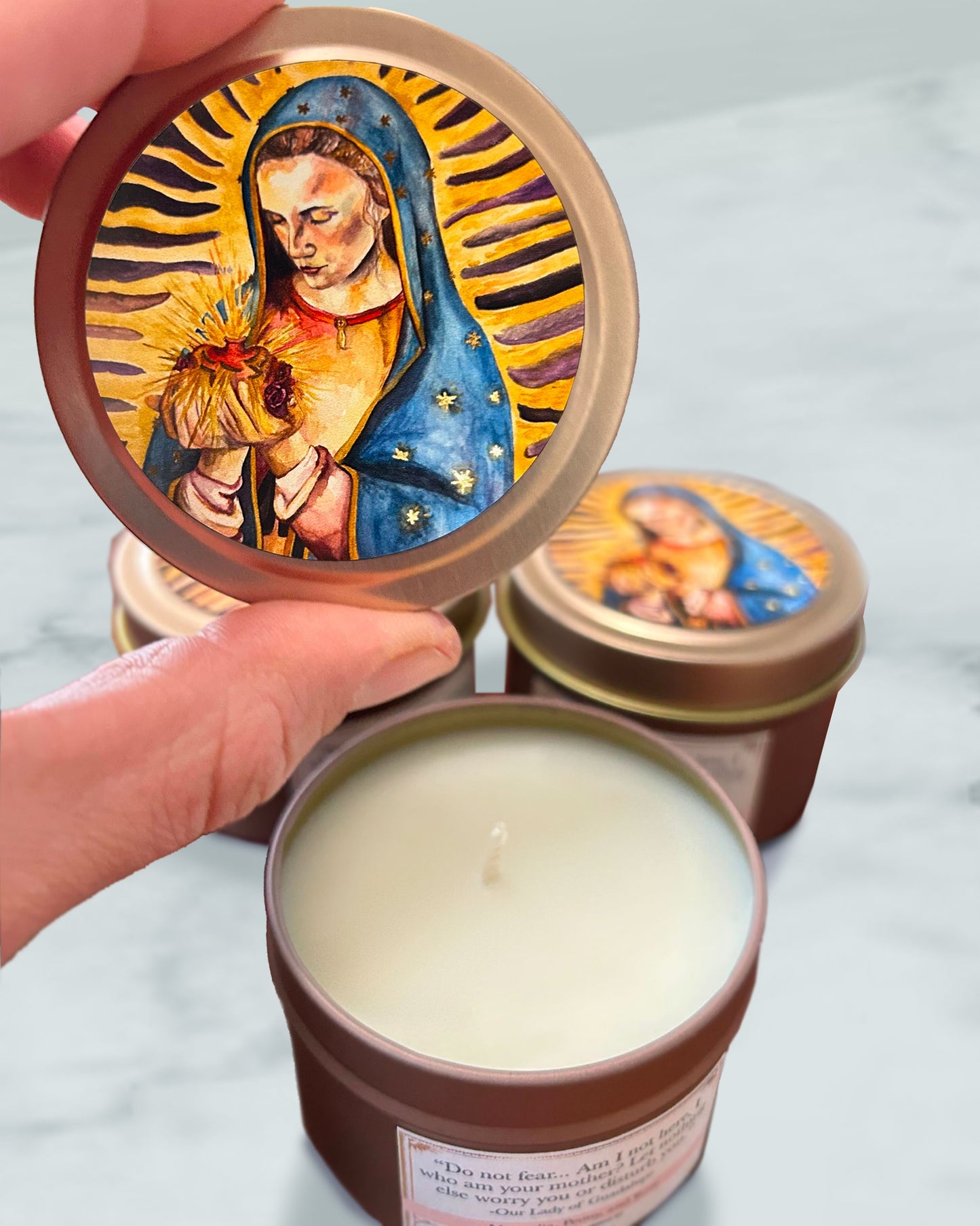 Our Lady of Guadalupe Candle Tin (Magnolia, Peony, & Rose Scented, Rose Gold)