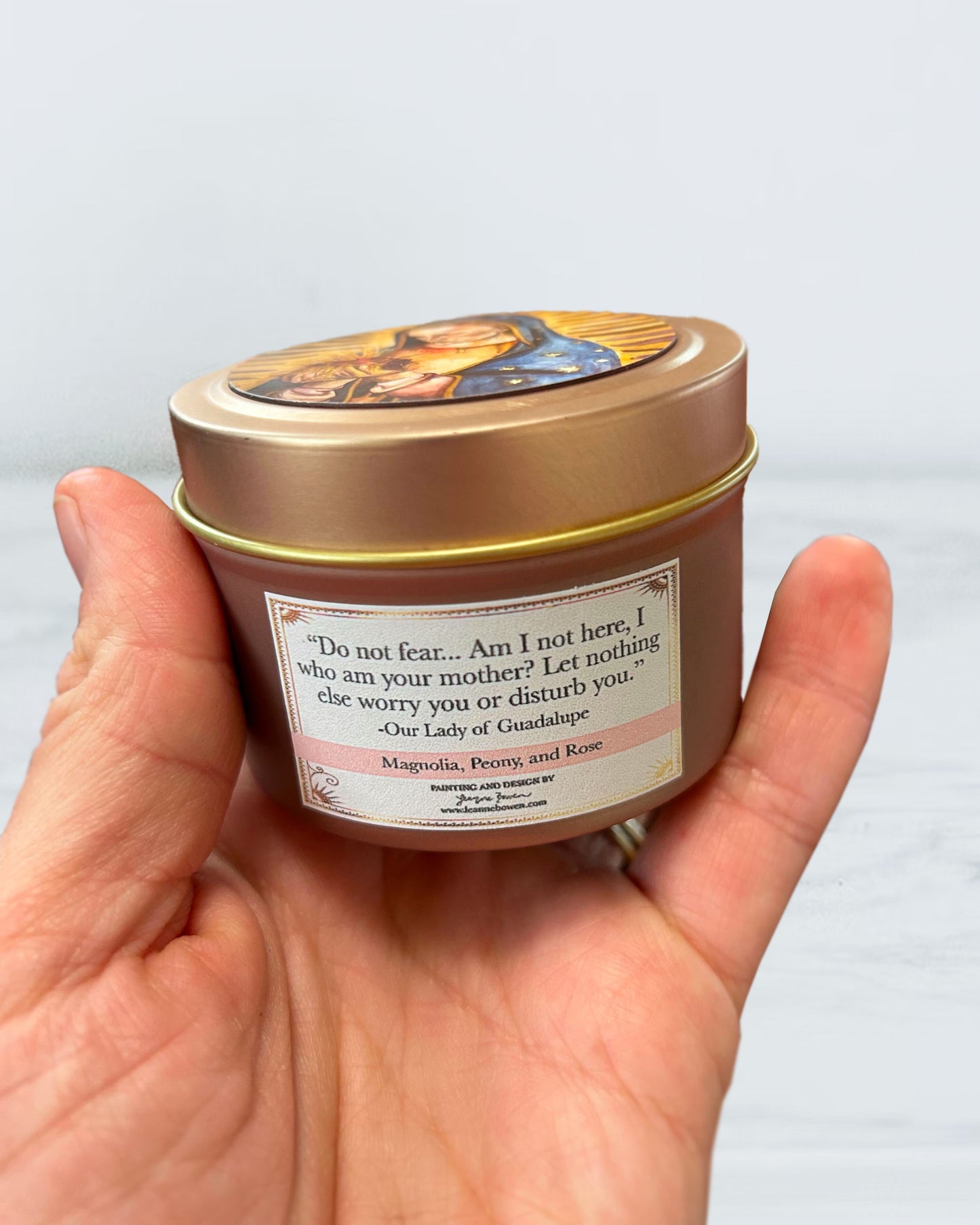 Our Lady of Guadalupe Candle Tin (Magnolia, Peony, & Rose Scented, Rose Gold)