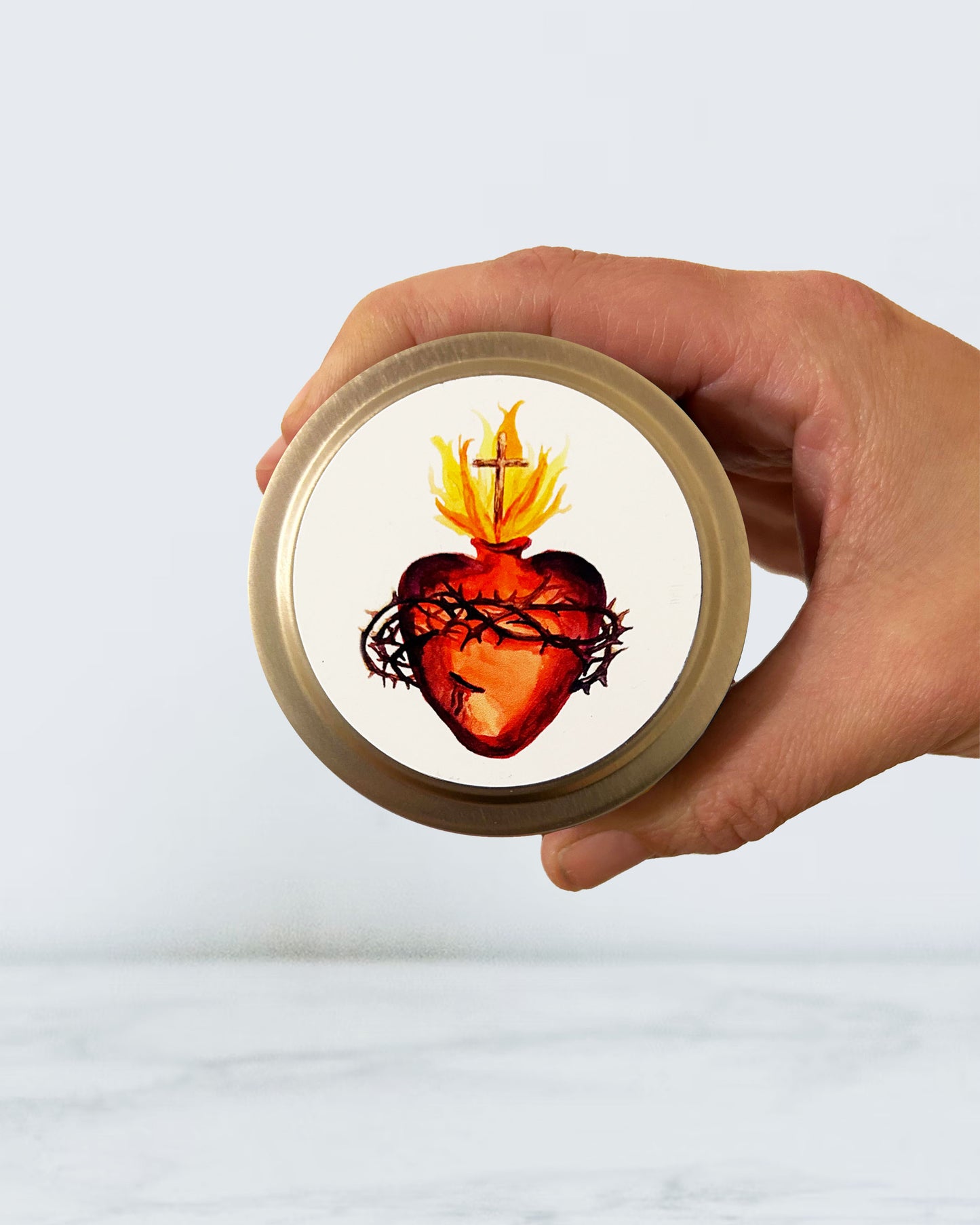 Sacred Heart Candle Tin (Chrism Scented, Gold)