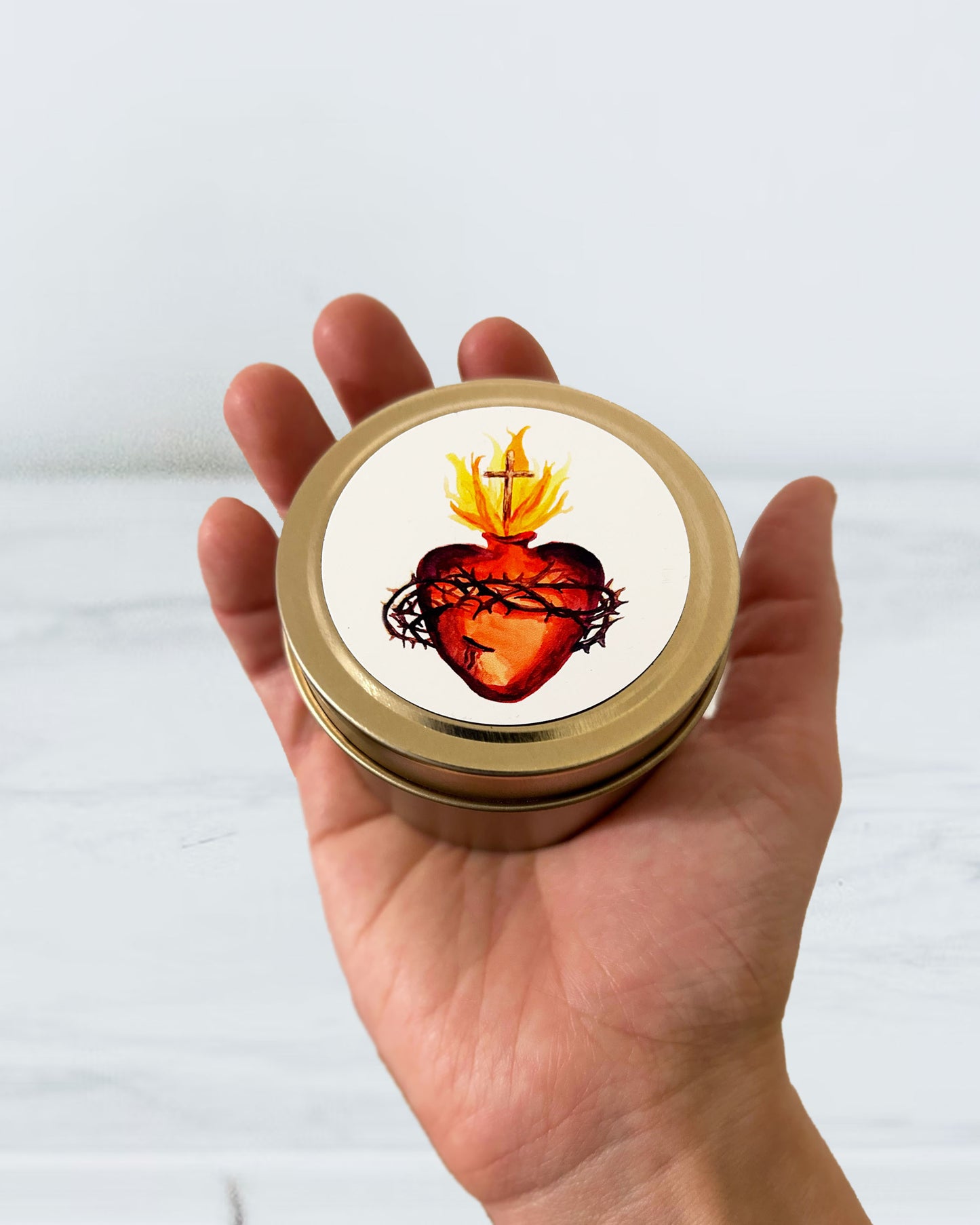 Sacred Heart Candle Tin (Chrism Scented, Gold)